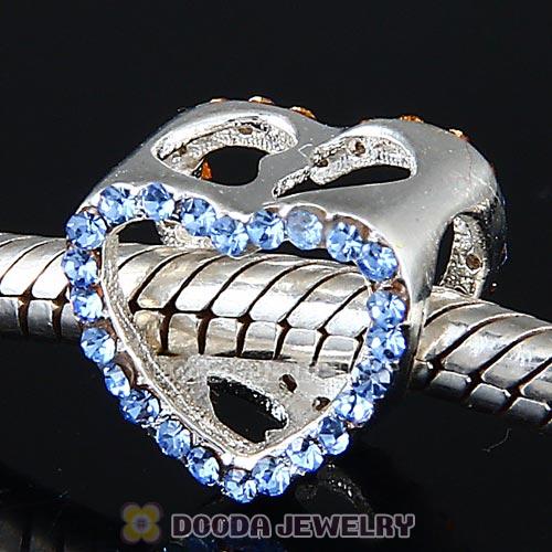 European Sterling Silver Heart Beads with Light Sapphire Austrian Crystal