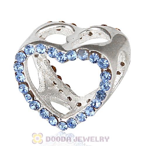 European Sterling Silver Heart Beads with Light Sapphire Austrian Crystal