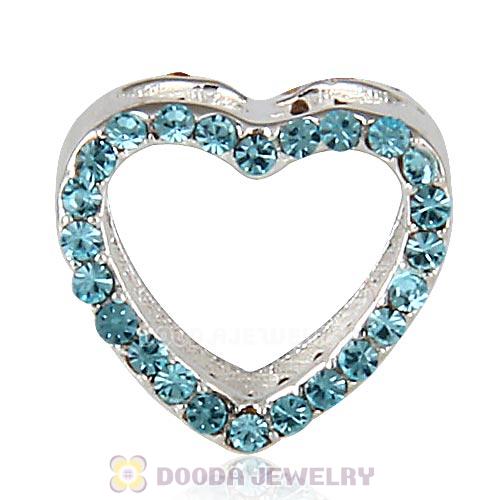 European Sterling Silver Heart Beads with Aquamarine Austrian Crystal