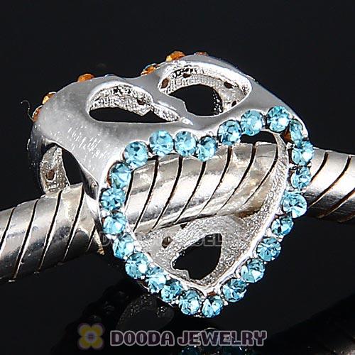 European Sterling Silver Heart Beads with Aquamarine Austrian Crystal