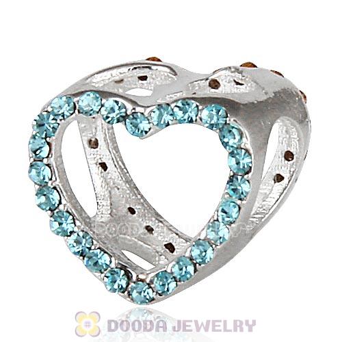 European Sterling Silver Heart Beads with Aquamarine Austrian Crystal