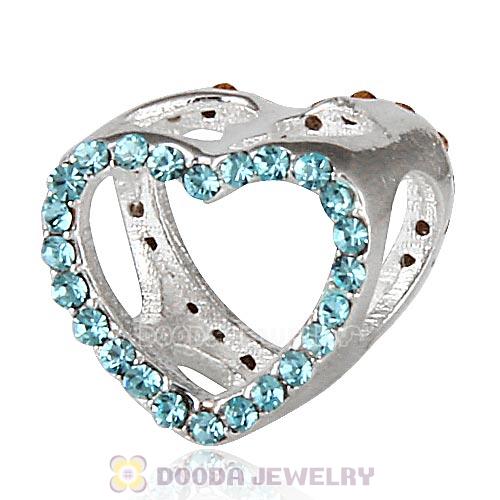 European Sterling Silver Heart Beads with Aquamarine Austrian Crystal