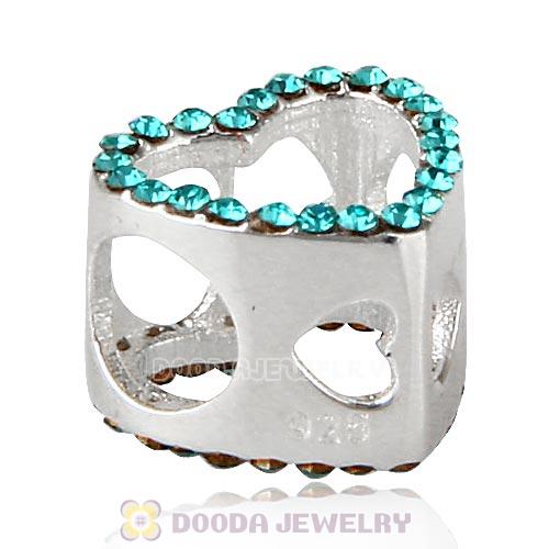 European Sterling Silver Heart Beads with Blue Zircon Austrian Crystal
