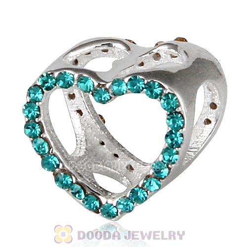 European Sterling Silver Heart Beads with Blue Zircon Austrian Crystal