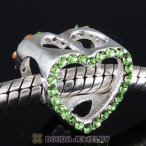 European Sterling Silver Heart Beads with Peridot Austrian Crystal