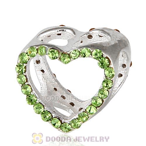 European Sterling Silver Heart Beads with Peridot Austrian Crystal