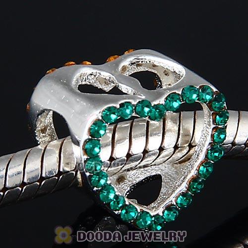 European Sterling Silver Heart Beads with Emerald Austrian Crystal