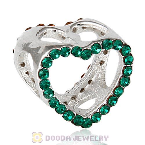 European Sterling Silver Heart Beads with Emerald Austrian Crystal