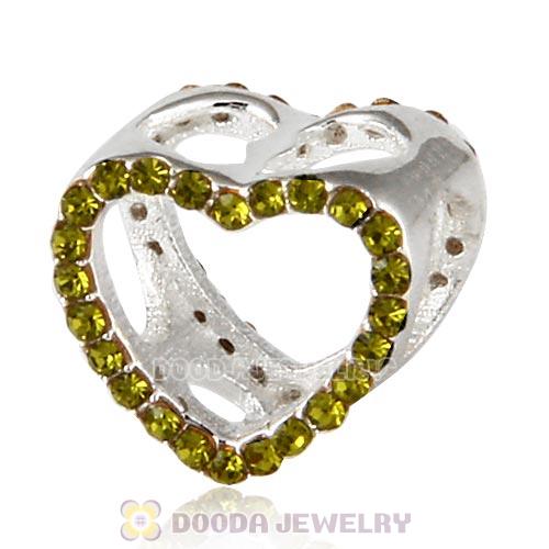 European Sterling Silver Heart Beads with Olivine Austrian Crystal