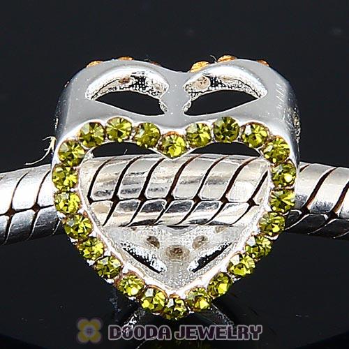 European Sterling Silver Heart Beads with Olivine Austrian Crystal