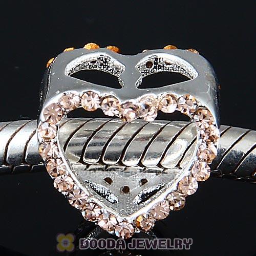 European Sterling Silver Heart Beads with Light Peach Austrian Crystal