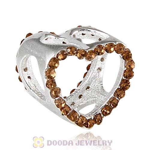 European Sterling Silver Heart Beads with Smoked Topaz Austrian Crystal