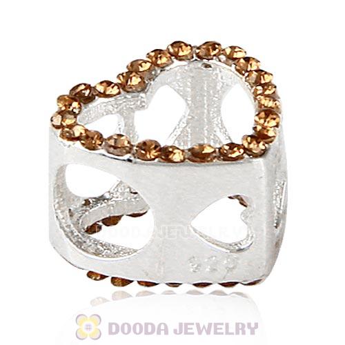 European Sterling Silver Heart Beads with Smoked Topaz Austrian Crystal
