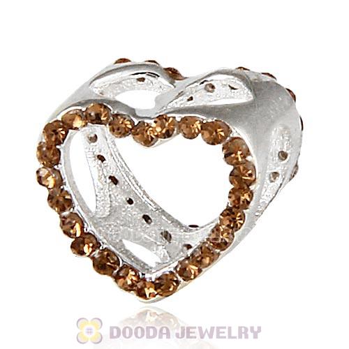 European Sterling Silver Heart Beads with Smoked Topaz Austrian Crystal