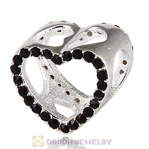 European Sterling Silver Heart Beads with Jet Austrian Crystal
