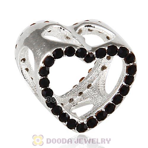 European Sterling Silver Heart Beads with Jet Austrian Crystal