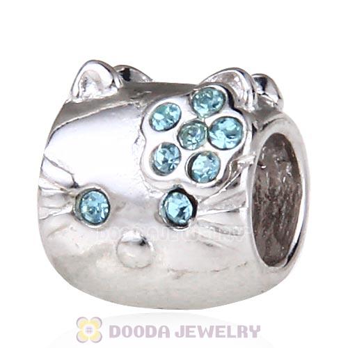 European Style Sterling Silver KT Cat Bead with Aquamarine Austrian Crystal