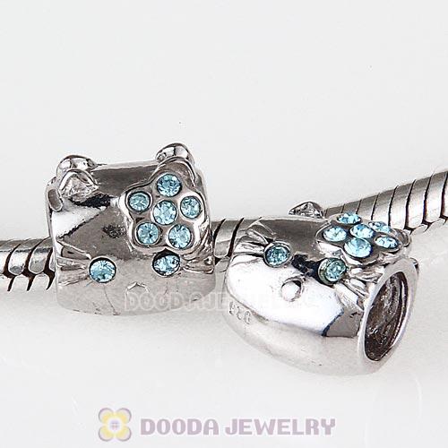 European Style Sterling Silver KT Cat Bead with Aquamarine Austrian Crystal