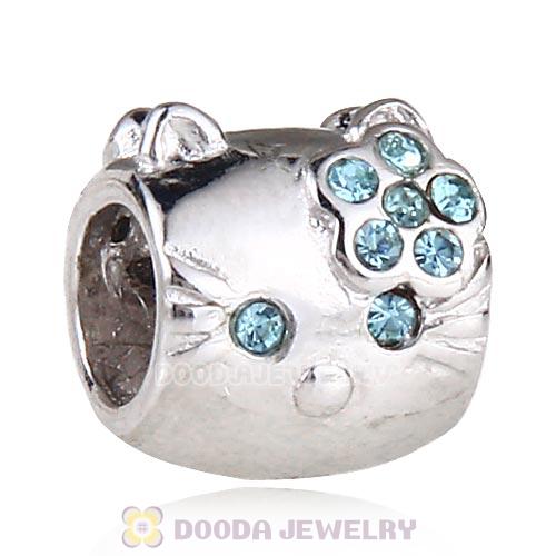 European Style Sterling Silver KT Cat Bead with Aquamarine Austrian Crystal