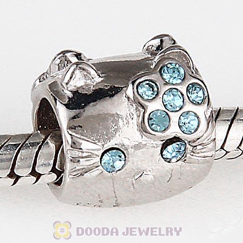 European Style Sterling Silver KT Cat Bead with Aquamarine Austrian Crystal