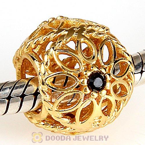 Sterling Silver Gold Plated Delicate Beauty Beads with Black Austrian Crystal