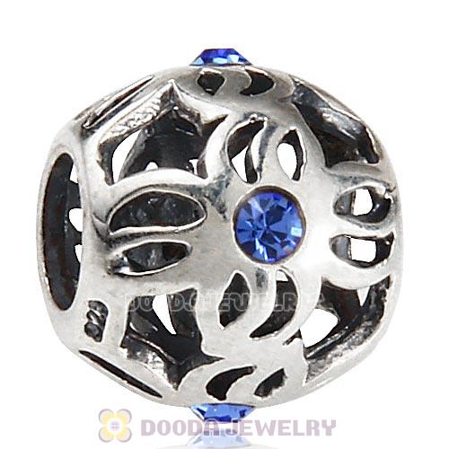 European Sterling Silver Pinwheel Charm Beads with Sapphire Austrian Crystal