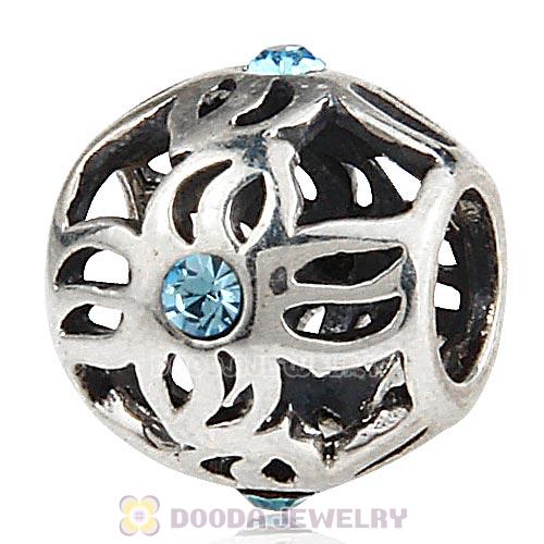 Sterling Silver Pinwheel Charm Beads with Aquamarine Austrian Crystal European Style