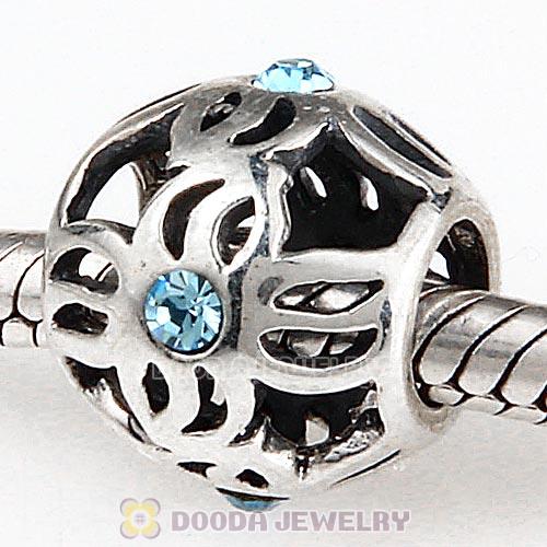 Sterling Silver Pinwheel Charm Beads with Aquamarine Austrian Crystal European Style