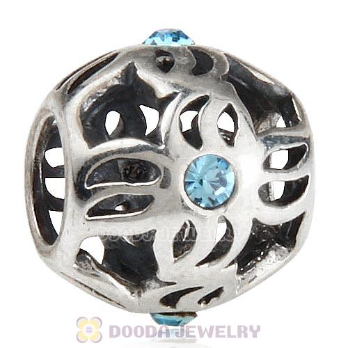 Sterling Silver Pinwheel Charm Beads with Aquamarine Austrian Crystal European Style