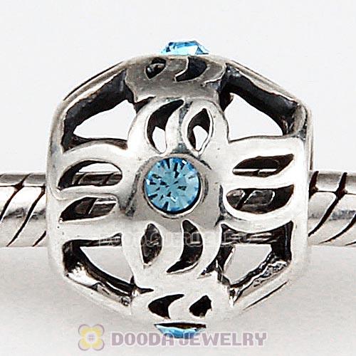 Sterling Silver Pinwheel Charm Beads with Aquamarine Austrian Crystal European Style