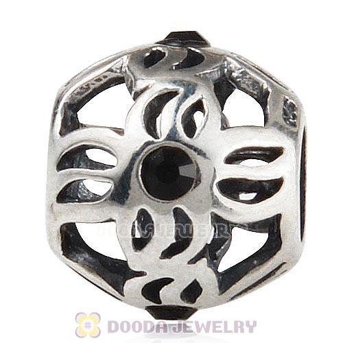 Sterling Silver Pinwheel Charm Beads with Jet Austrian Crystal European Style