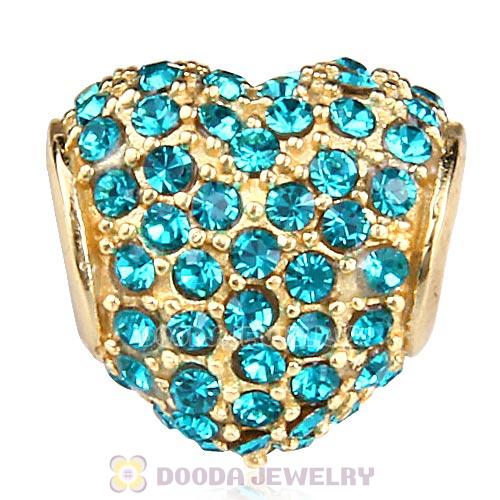 Gold Plated Sterling Pave Heart with Blue Zircon Austrian Crystal Charm