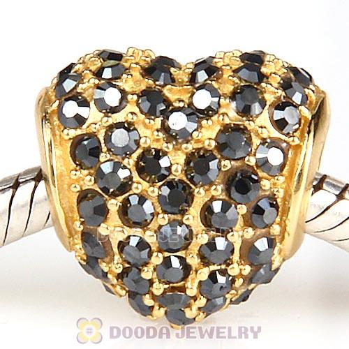 Gold Plated Sterling Pave Heart with Jet Hematite Austrian Crystal Charm