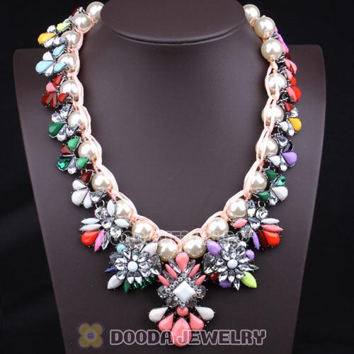 Knitted Pearl Multicolor Resin Crystal Flower Statement Necklaces Wholesale