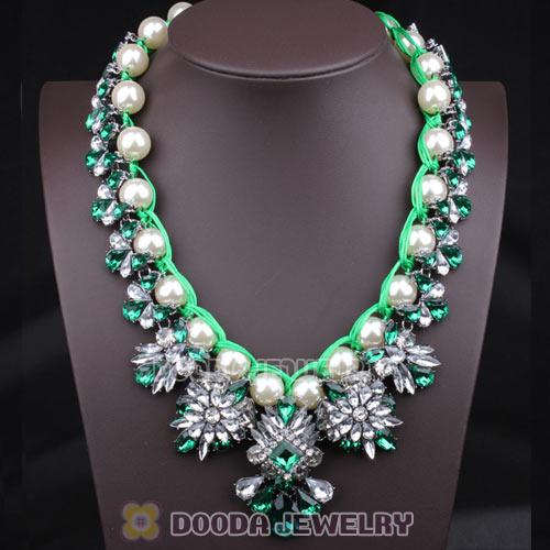 Knitted Pearl Green Resin Crystal Flower Statement Necklaces Wholesale
