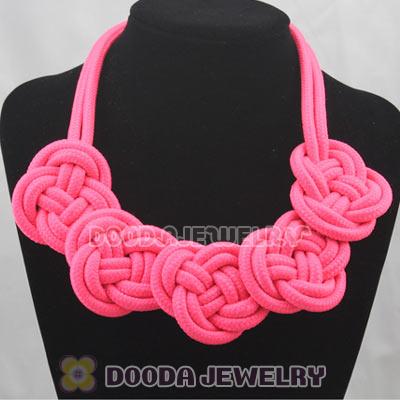 Handmade Weave Fluorescence Pink Cotton Rope 5 Flowers Necklace