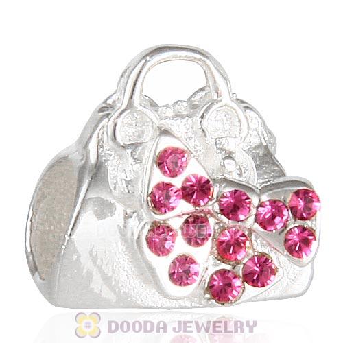 Sterling Silver Loves Shopping Bag Beads with Rose Austrian Crystal