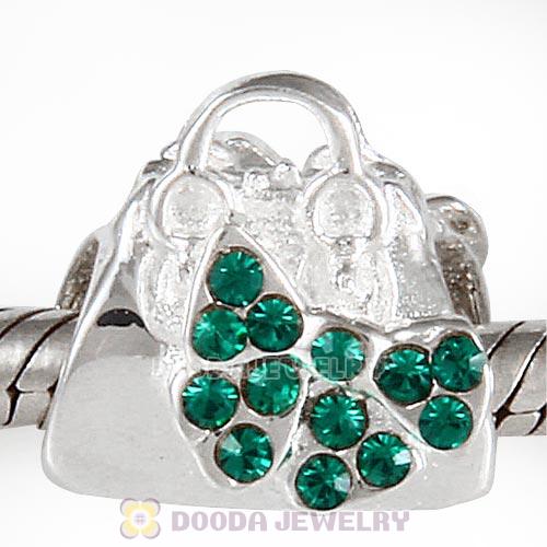 Sterling Silver Loves Shopping Bag Beads with Emerald Austrian Crystal