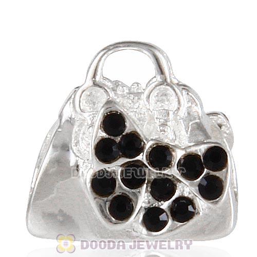 Sterling Silver Loves Shopping Bag Beads with Jet Austrian Crystal