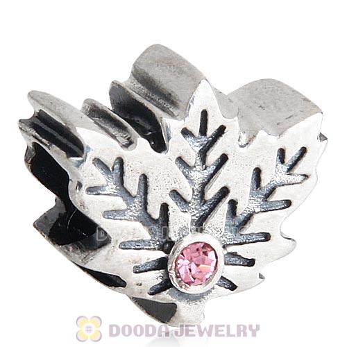European Sterling Silver Maple Leaf Beads with Light Rose Austrian Crystal