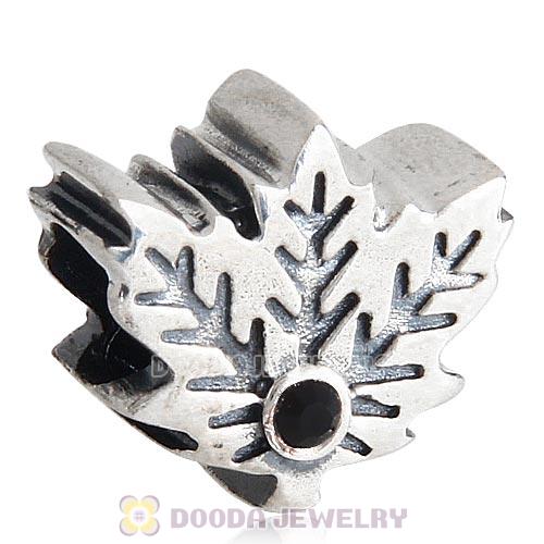 European Sterling Silver Maple Leaf Beads with Jet Austrian Crystal