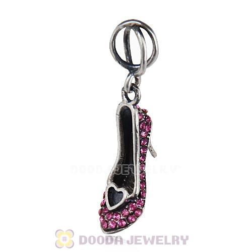 Sterling Silver Cinderella Slipper Dangle Beads with Rose Austrian Crystal