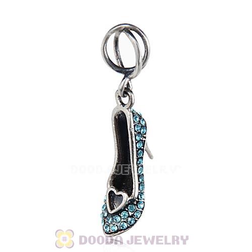 Sterling Silver Cinderella Slipper Dangle Beads with Aquamarine Austrian Crystal