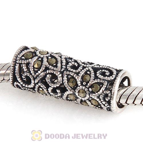 Sterling Silver Cylinder Flower Beads with Jet Hematite Austrian Crystal