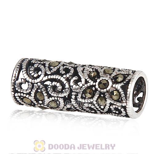 Sterling Silver Cylinder Flower Beads with Jet Hematite Austrian Crystal