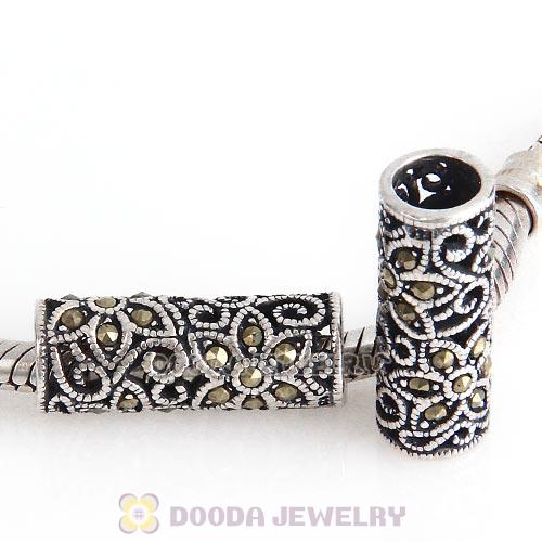 Sterling Silver Cylinder Flower Beads with Jet Hematite Austrian Crystal