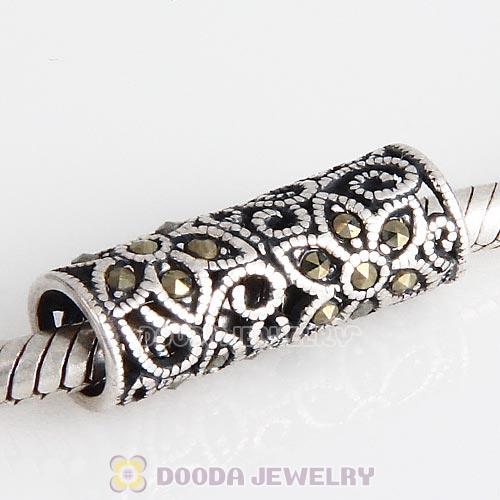 Sterling Silver Cylinder Flower Beads with Jet Hematite Austrian Crystal