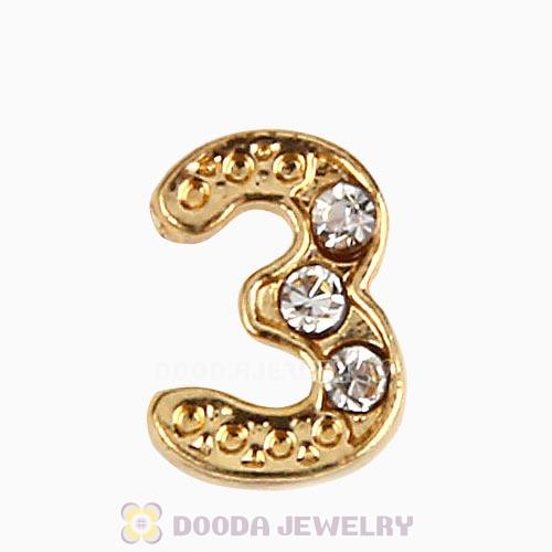 Gold Plated Alloy Number 3 with Crystal Floating Locket Charms Wholesale