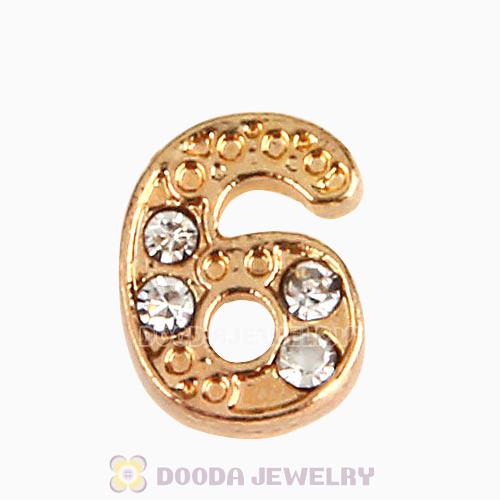 Gold Plated Alloy Number 6 with Crystal Floating Locket Charms Wholesale