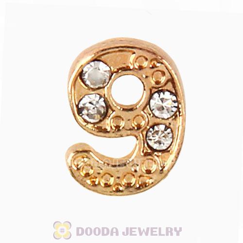 Gold Plated Alloy Number 9 with Crystal Floating Locket Charms Wholesale